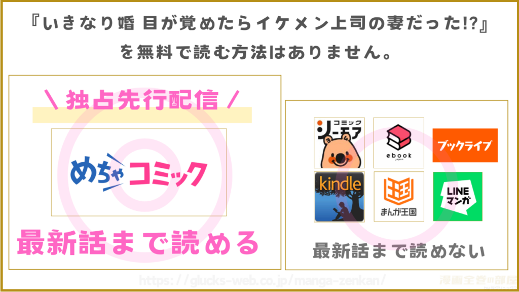 いきなり婚 目が覚めたらイケメン上司の妻だった!?の漫画を全話無料で読めるサイト・アプリを比較