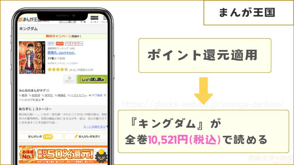 キングダムの漫画全巻を10,521円で読める「まんが王国」