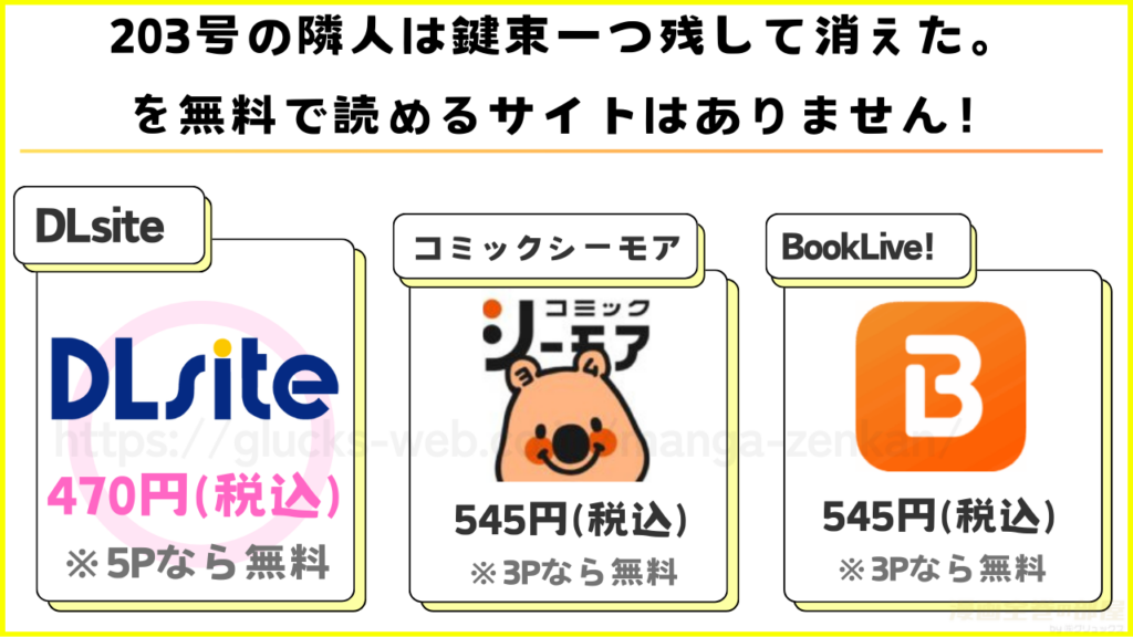 漫画｜203号の隣人は鍵束一つ残して消えた。を無料で読めるサイトを調査