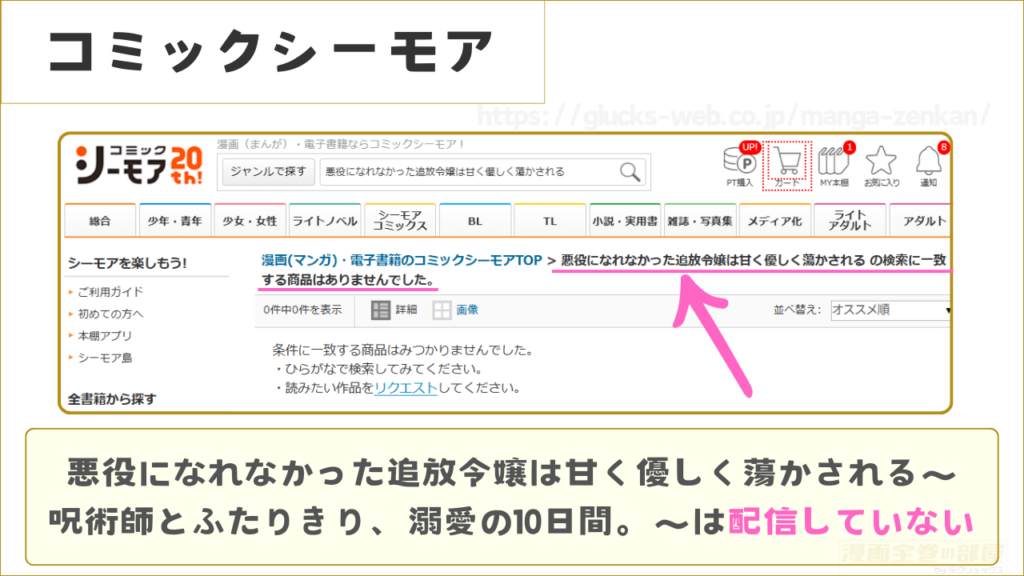 コミックシーモアでは『悪役になれなかった追放令嬢は甘く優しく蕩かされる～呪術師とふたりきり、溺愛の10日間。～』を読むことはできない