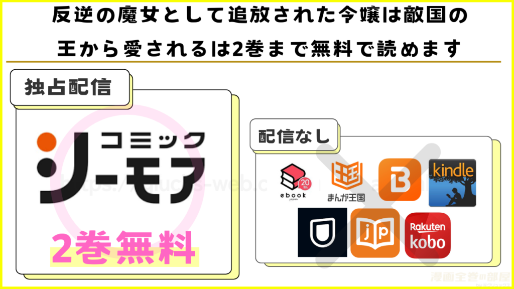 漫画『反逆の魔女として追放された令嬢は敵国の王から愛される』を無料で読めるサイトやアプリを調査
