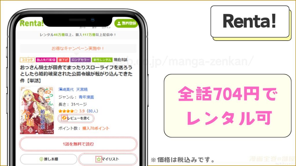 Renta!|『おっさん騎士が田舎でまったりスローライフを送ろうとしたら婚約破棄された公爵令嬢が転がり込んできた件』をレンタルして安く読むことができる
