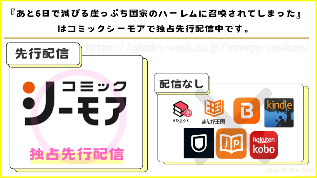 漫画『あと6日で滅びる崖っぷち国家のハーレムに召喚されてしまった』を無料で読めるサイトやアプリを調査