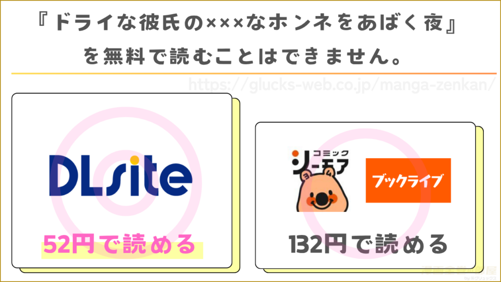 漫画『ドライな彼氏の×××なホンネをあばく夜』を無料で読めるサイトやアプリは現在無い