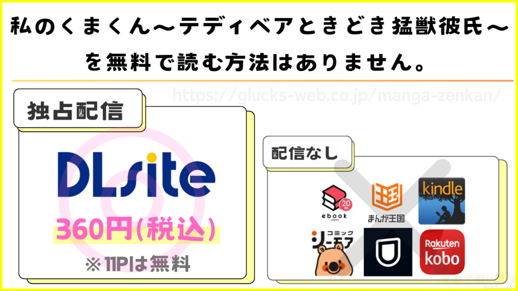 漫画『私のくまくん~テディベアときどき猛獣彼氏~』を無料で読めるサイトやアプリは現在無い