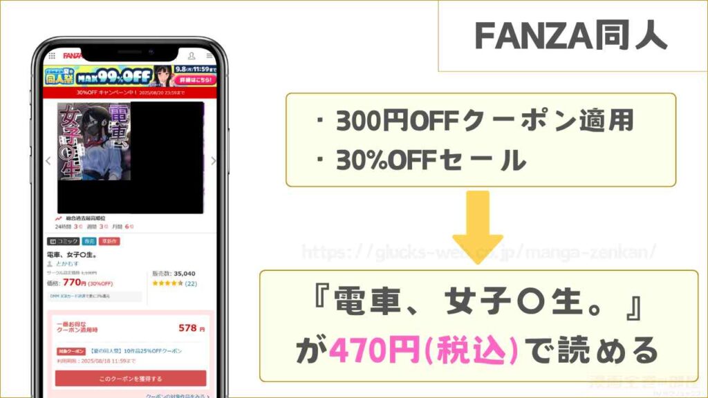 FANZA同人なら『電車、女子〇生。』が470円で読める