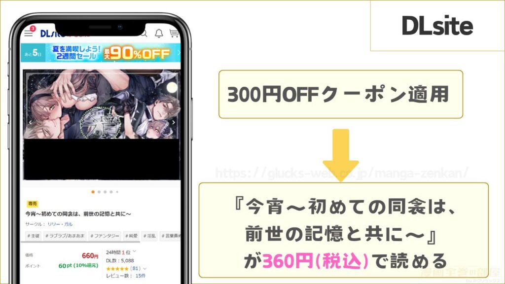 DLsiteなら『今宵~初めての同衾は、前世の記憶と共に~』が360円で読める