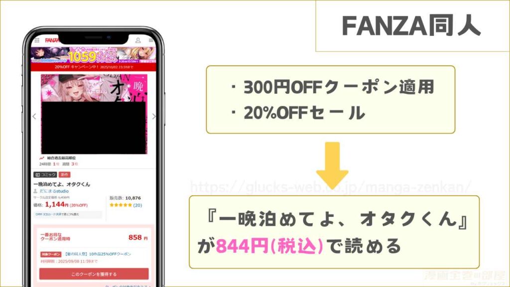 FANZA同人なら『一晩泊めてよ、オタクくん』が844円で読める