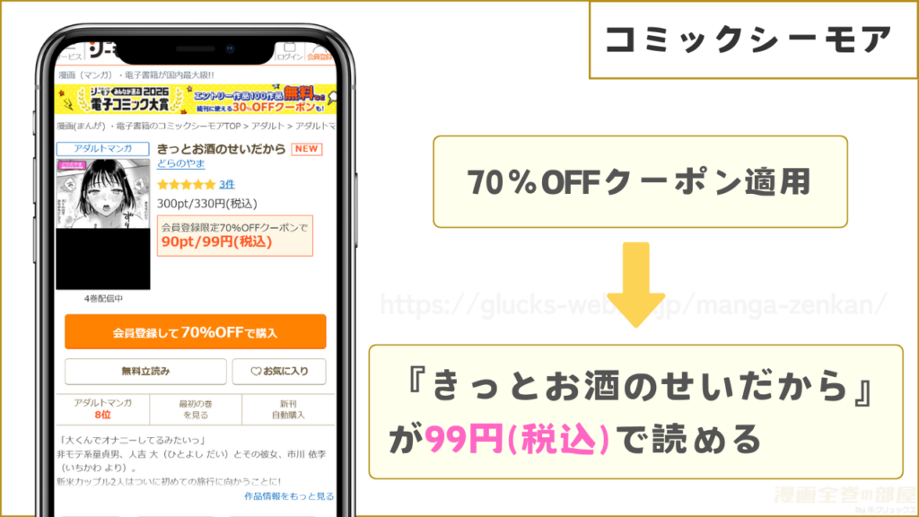 コミックシーモアなら『きっとお酒のせいだから』が99円で読める